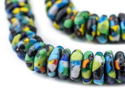 Rainbow Medley Fused Rondelle Recycled Glass Beads 11mm Ghana African Multicolor