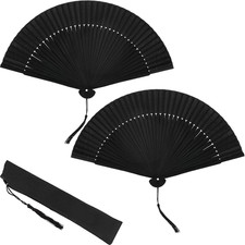 2 Pcs 8.4" Small Black Folding Hand Fans Bamboo Silk Folding Hand Rave Fan with