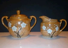 Vintage Lusterware Gold Tone Cherry Blossoms Cream & Sugar Set Handpainted Japan