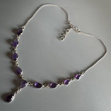 Sterling Silver 925 Teardrop Amethyst Gemstone Chain Y Drop Necklace 16.5”-18.5”