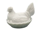 Rare VINTAGE WHITE MILK GLASS HEN ON NEST LIDDED CANDY DISH