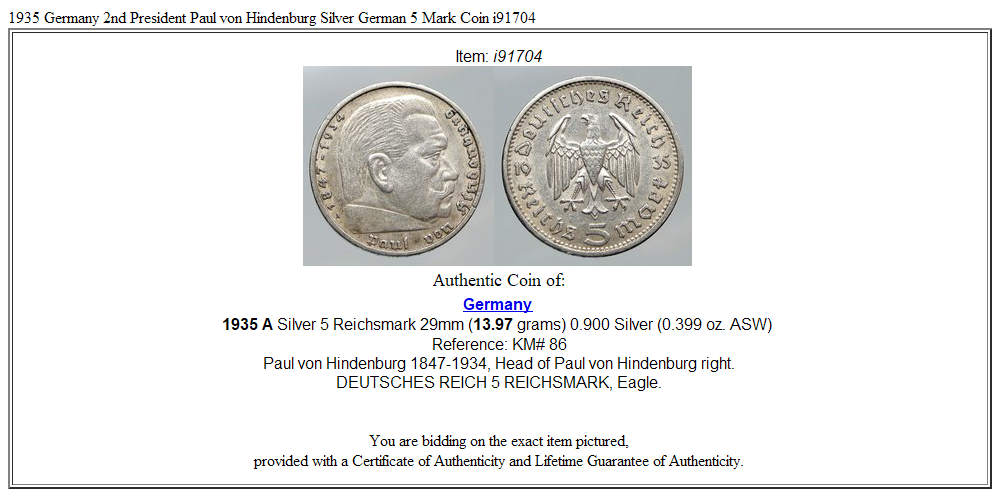 1935 Germany 2nd President Paul von Hindenburg Silver German 5