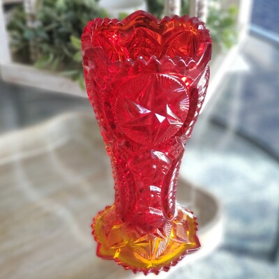 L E Smith Amberina Nortec Glass Vase 9'' Ohio Star Sawtooth Red Orange Yellow