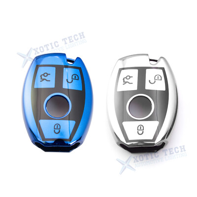 2Pcs Blue+Silver TPU Full Protect Key Fob Skin For Mercedes Benz A B C E M Class