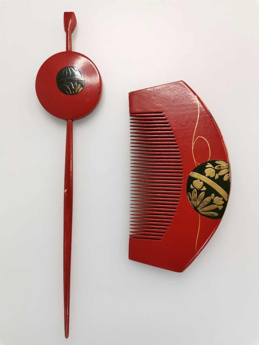 Vintage Japanese Kanzashi, red lacquer comb and hair pin set | eBay