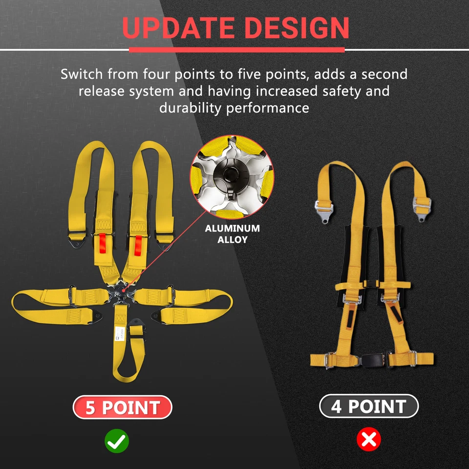 Arnés de cinturón de seguridad de carreras de 5 puntos 2 piezas a presión con Camlock universal ATV UTV amarillo Foto 4 de 4