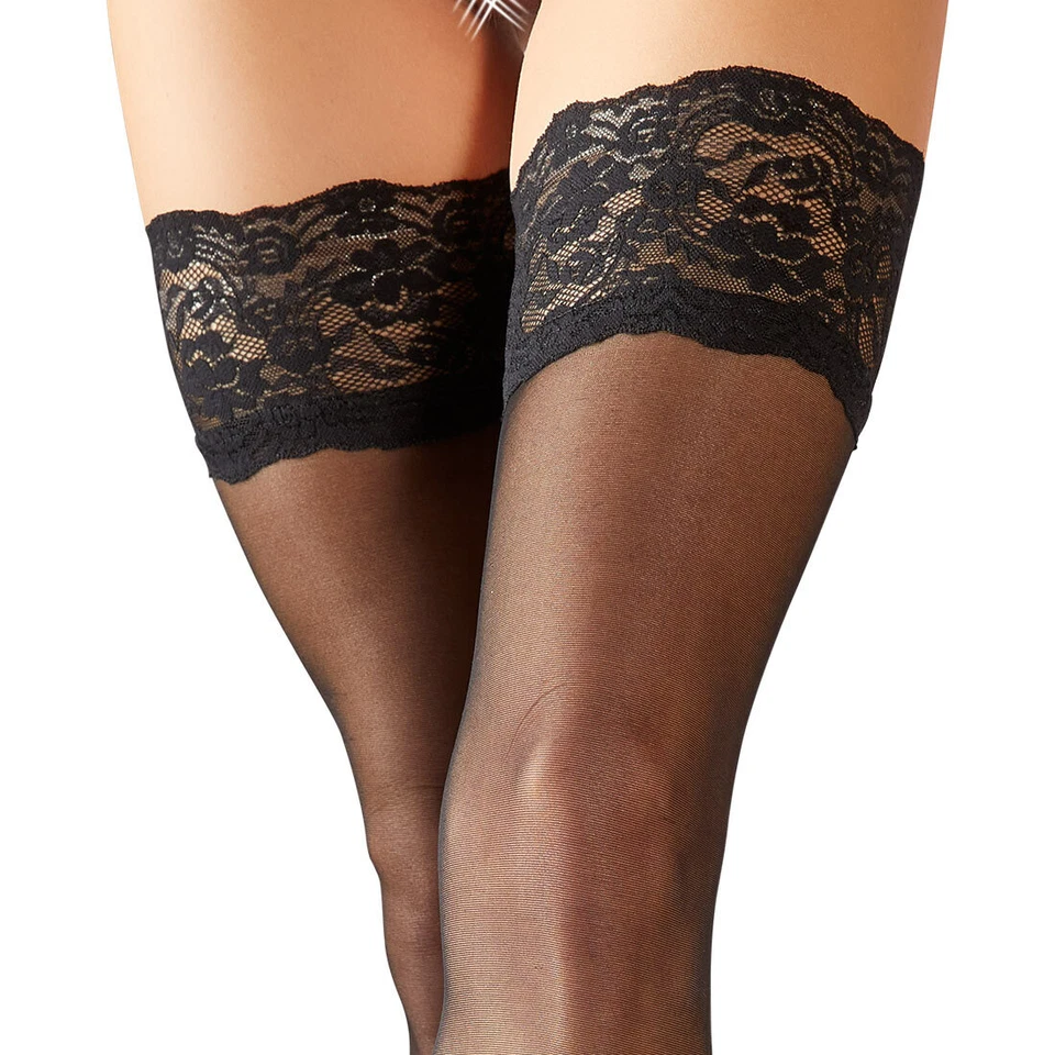 Halterlose Strümpfe S-4XL breite Spitze Strapse schwarz Silikon stockings "Sassa - Bild 4 von 4
