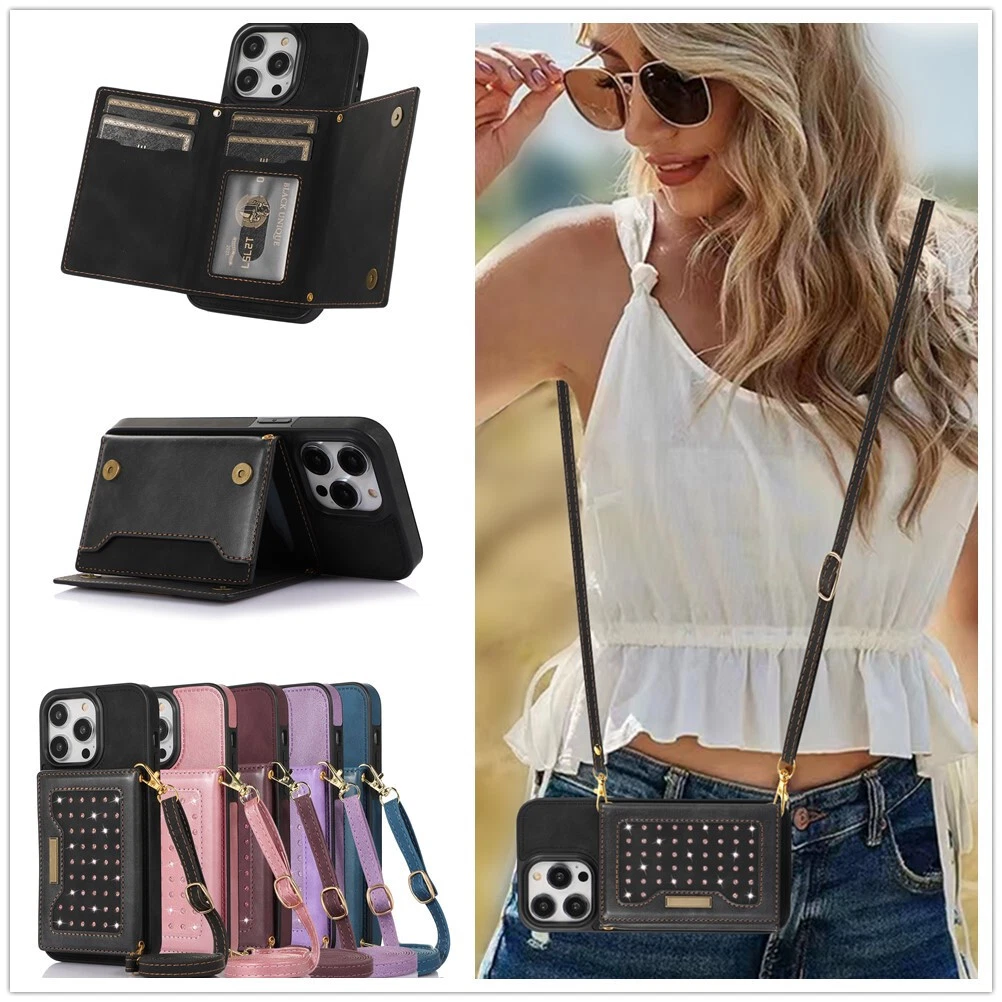 For iPhone Samsung Crossbody Bling Wallet Card Bag Stand Women Phone Case Cover