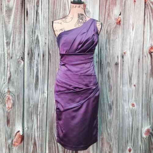 David's Bridal One Shoulder Dress Size 4 Purple Satin Pleat Cocktail Prom Formal - Picture 1 of 9