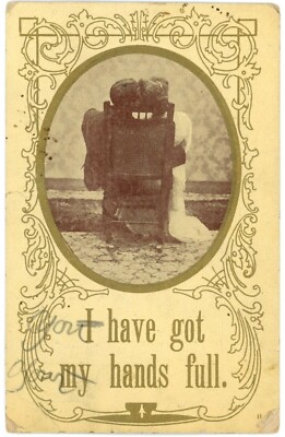 Black Americana Couple Humor ''I Have Got My Hands Full'' Postcard 1910 Afton OK