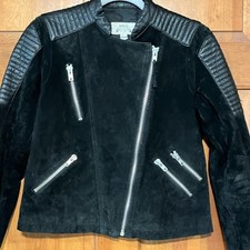 Mango Mng Leather Suede Jacket M Black With Silver Hardware Biker Moto Style Vtg
