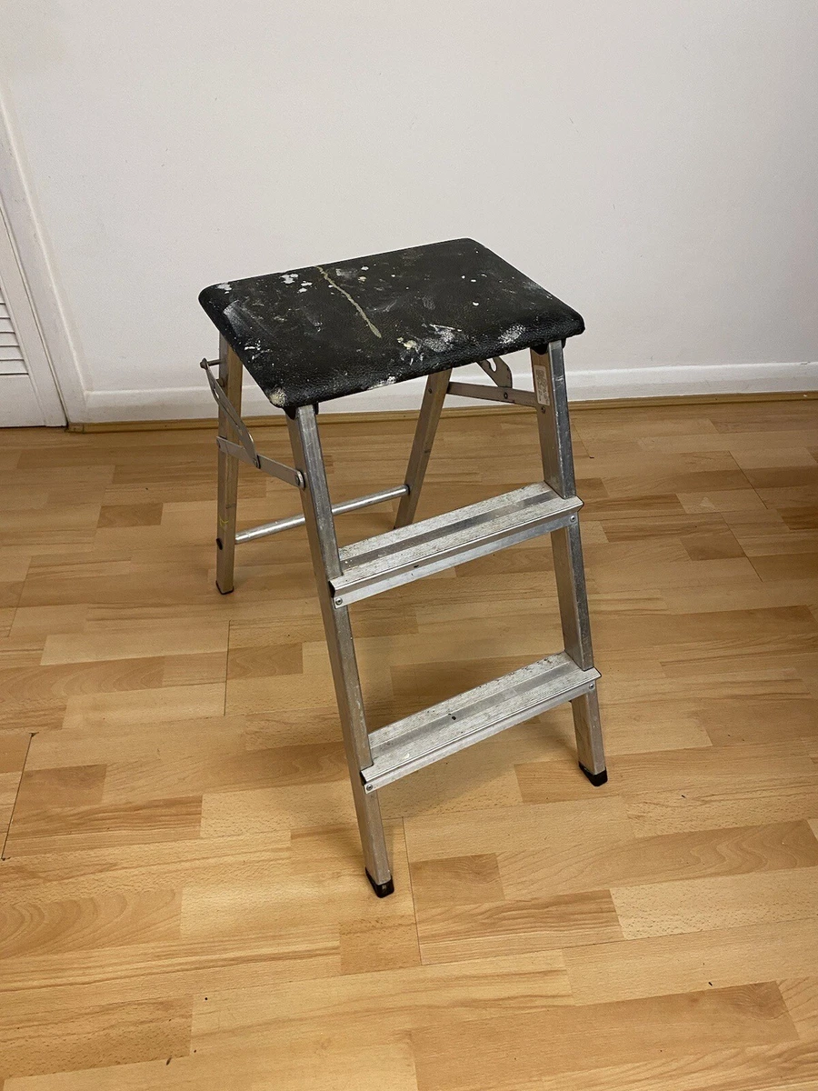 Vintage ABRU Folding Metal Industrial Step Stool With Black Seat