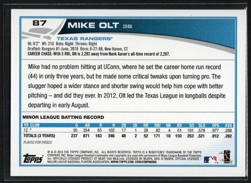 Mike Olt 2013 Topps #87 Rookie - Texas Rangers - Picture 2 of 2