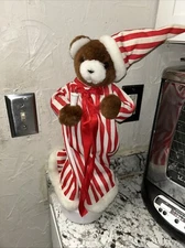 Telco Motion-ettes Christmas 24" Sleepy Bear w/Candlestick Striped Pajamas WORKS