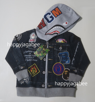 A BATHNIG APE BAPE KIDS SHARK BAPE EMBLEM DENIM JACKET PRINT ZIP