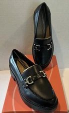 Easy Spirit Kinndle Black Leather Loafers Size 8.5 Wide Slip Ons Lug Sole Buckle