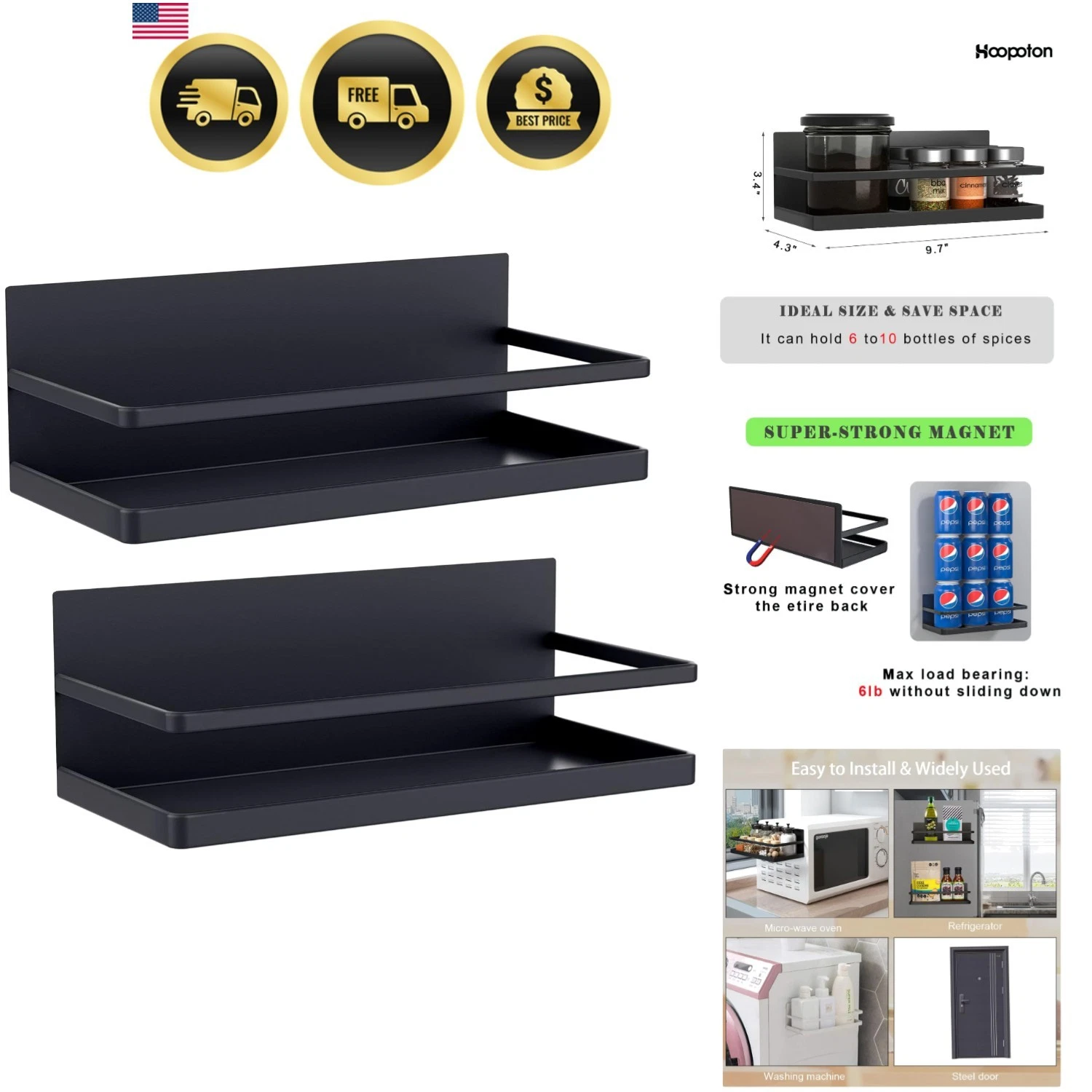 2 Pack Magnetic Spice Rack, Easy to Install on The Side of Refrigerator/Space...