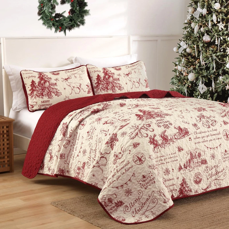 Christmas Quilt Set Queen Size, 3 Pcs Merry Christmas Theme Bedding Set with ... - Image 3 of 4
