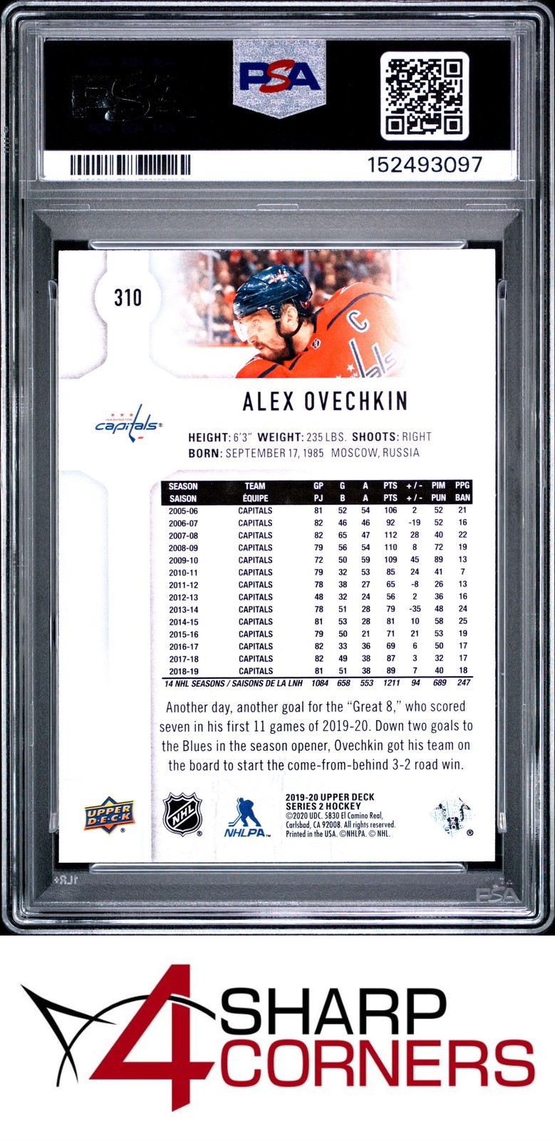 2019 UPPER DECK #310 ALEX OVECHKIN CAPITALS PSA 10 view 2