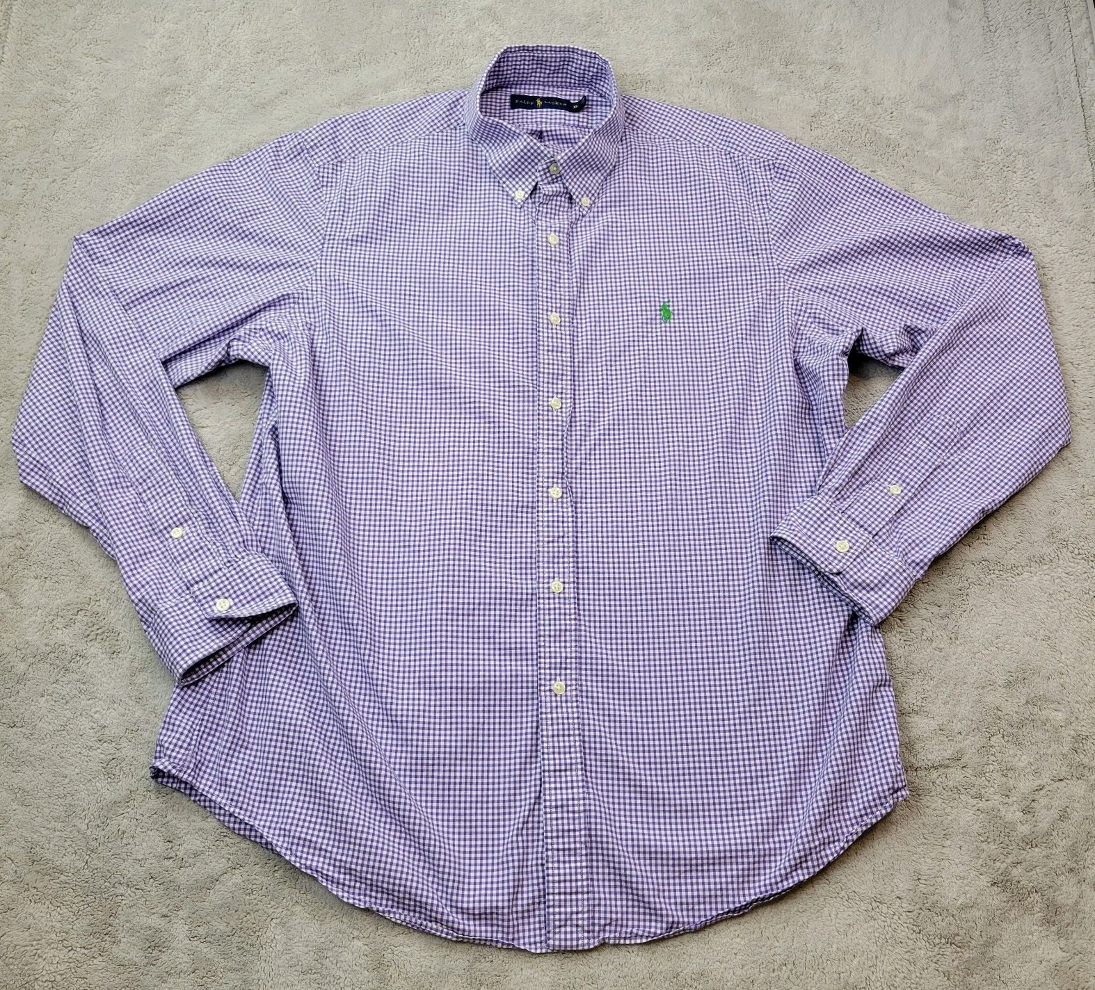 Polo Ralph Lauren camicia con bottoni uomo XL viola bianca quadri manica lunga pony