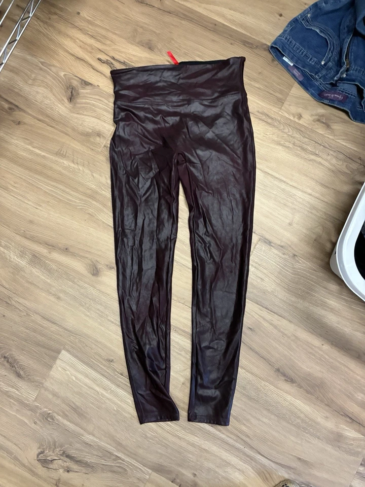 Spanx Plum Burgundy Shimmer Faux Leather Moto Leggings Size XL - Image 3 of 4