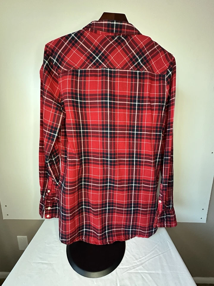 Camisa túnica para mujer roja a cuadros con botones talla grande manga larga Foto 3 de 4