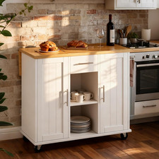 Farmhouse Rolling Kitchen Island Cart with Drop Leaf, Towel Rack Storage