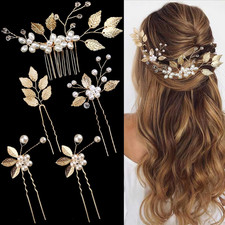 5 PCS Bridal Wedding Hair Pins Gold Leaf Crystal Pearl Hair Pins Vintage Bridal