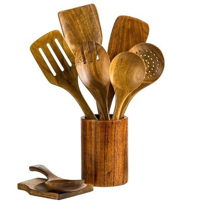 Pravara 9-teiliges Küchenutensilien-Set aus Holz mit Löffelablage - bequem zu greifen