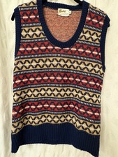 Vtg Sweater Vest Acrylic Geometric Red Navy Blue White Pullover Retro Mod M