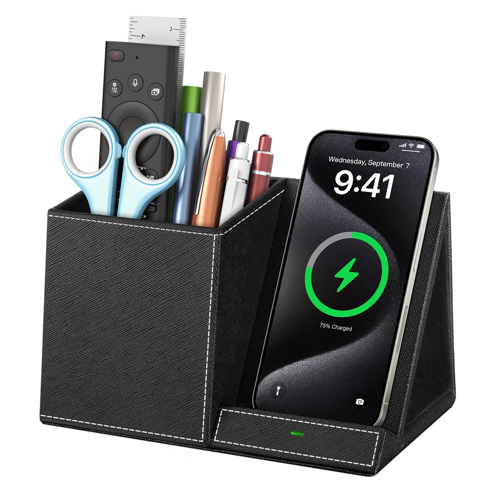 Wireless Charger with Pen Holder Leather Multifunctional Desk Nightstand Organizer-image