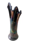 Vintage Fenton Black Purple Amethyst Iridescent Carnival Ribbed GlassVase10 1/2H