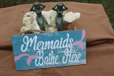 Mermaid Bathroom Shelf Decor / Mermaids Bathe Here Cast Iron / Wood, 3 items