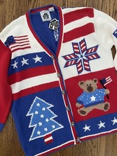 Vintage Patriotic Red White Blue American Flag Theme Ugly Christmas Sweater XXL