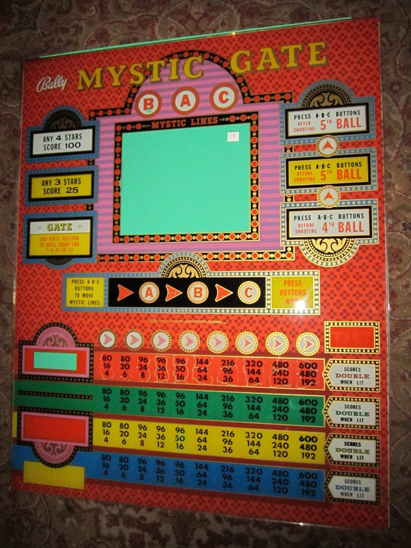 pinball machine glass over 50 years old MYSTIC GATE PINBALL BACK GLASS nice