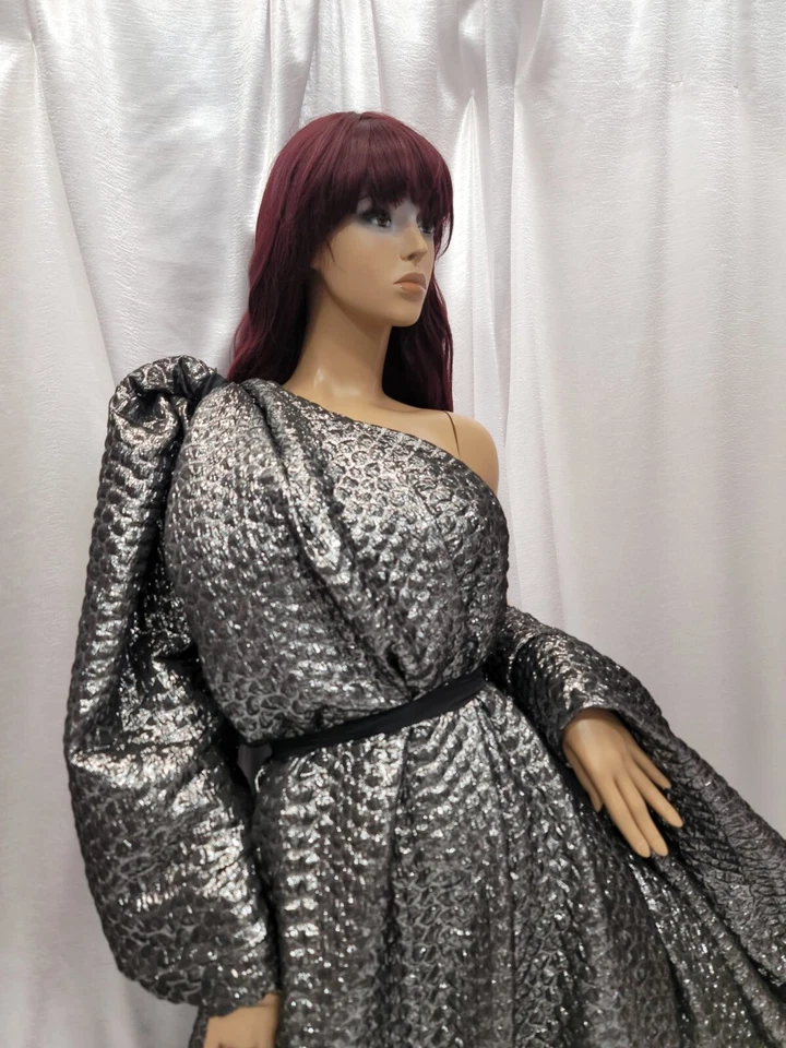 Dark Gray Metallic Brocade Jacquard Fabric by Yard Floral Flowers Dress Gown - Image 4 of 4