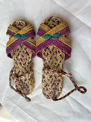 Vintage Hand Woven Oriental Sandals Purple Green 9'' Long Size 7?