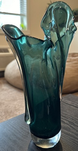 Vintage Murano Style Handkerchief Splash Stretch Tall Vase Blue Green Art Glass - Picture 4 of 10