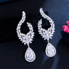 Shiny Silver Plated Cubic Zircon Drop Dangle Long Leaf Earrings for Women Party