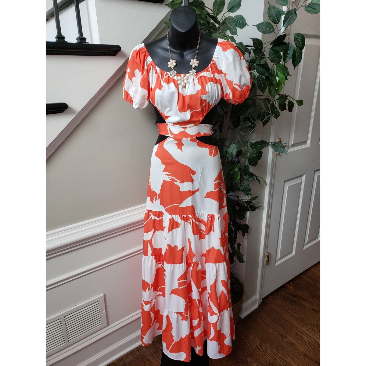 open lace back dress Orange Color Trendy Georgette Floral Print Women's Gown
