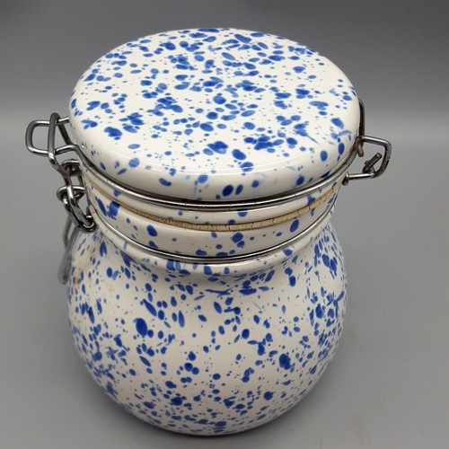 Blue & White Speckled Canister 3.5 Cup Ceramic Country Farmhouse Swing Top Clamp - Picture 4 of 11