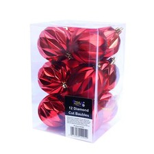 Christmas Tree Decoration 12 Pack 60mm Diamond Cut Baubles - Red