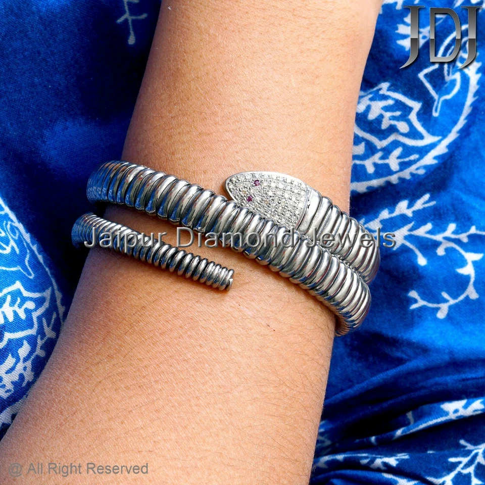 925 Silver Natural Pave Diamond Ruby Gemstone Snack Bracelet Vintage Jewelry - Image 3 of 4