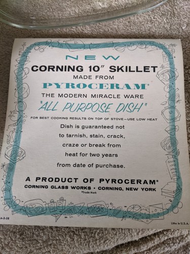 PYREX VINTAGE TURQUOISE SNOWFLAKE 10" SKILLET PYROCERAM NEW WITH BOOKLET NO BOX - Picture 7 of 10