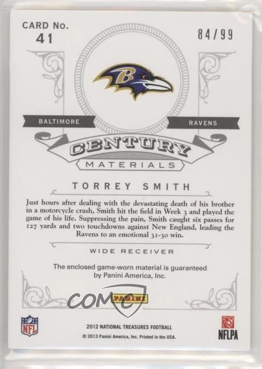 2012 Panini National Treasures Century Materials /99 Torrey Smith #41 - Image 2 of 2