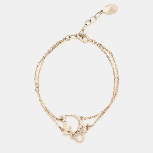 Bracelet double chaîne Dior oblique breloque cristaux ton or