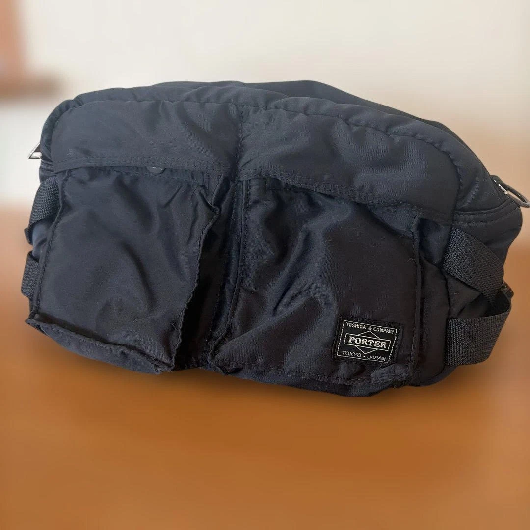 PORTER Yoshida TANKER Waist Bag Black Nylon Orange Lining 25cm Body Bag Japan