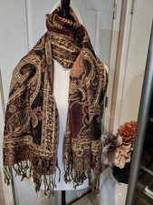 VTG Woven Table Runner/Shawl/Scarf, Gold Highlights 74 X 26 , Fringed
