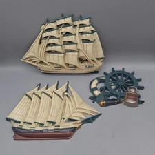 Burwood 3 Piece Nautical Wall Art - 2 Ships +Ship Gear, Plastic Plaques, Vintage