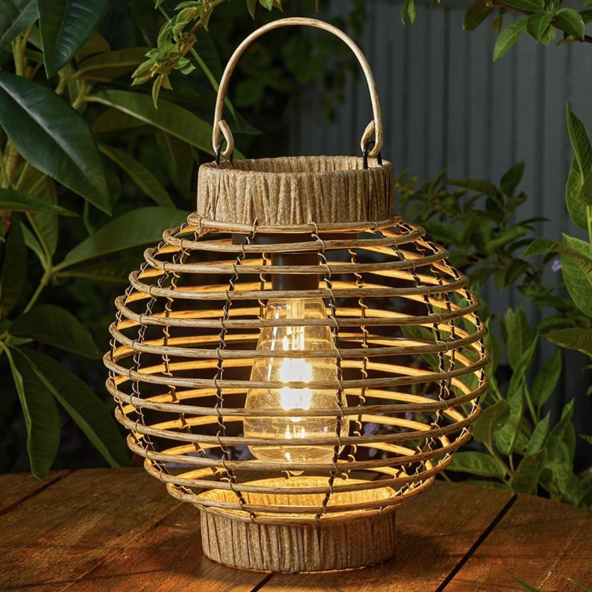 Solar LED Brown Terra Rattan Style Filament Hanging Outdoor Garden Table Lantern